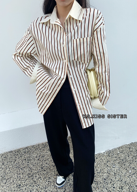 [KS] French striped Hong Kong style long sleeved shirt 22009# ozq