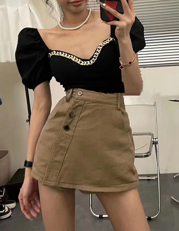[JH] Korean chain decorative short shirt + slim denim skirt pants two piece suit 41654# PCZ