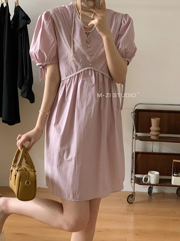 [m.zi studio] V-neck waist slim lace up dress 6916# HBx
