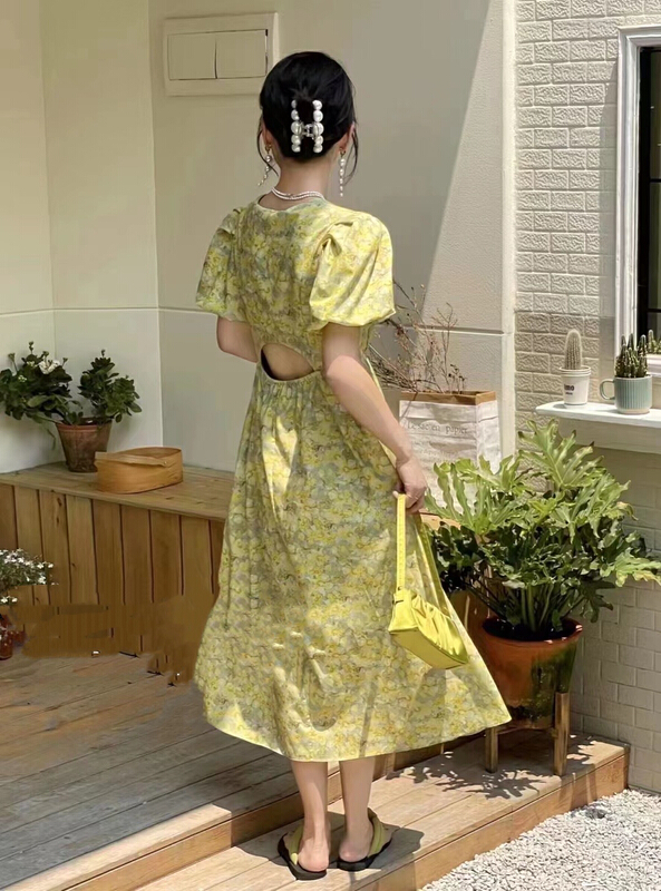 [JH] net red back hollowed out Lantern Sleeve floral dress 41584# PCZ