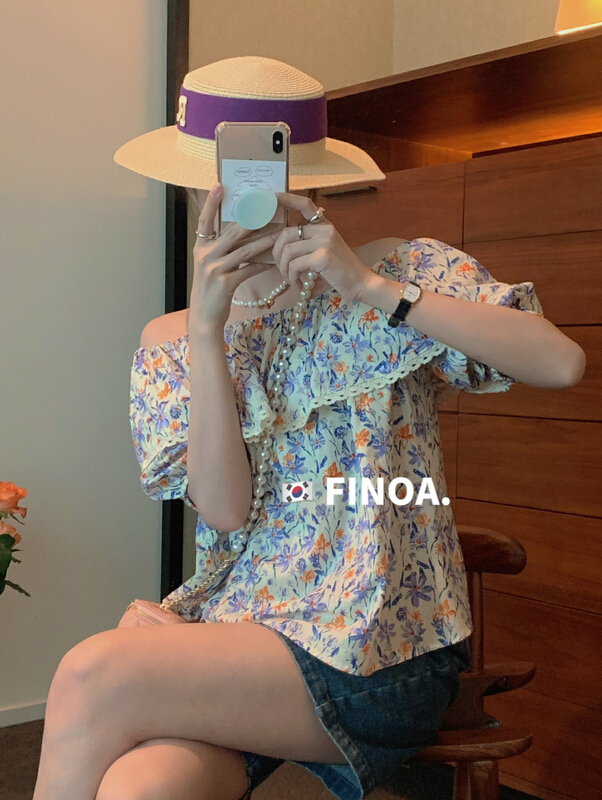 【FINOA】韓版休閒大翻邊一字肩碎花小衫  10446#  CLS