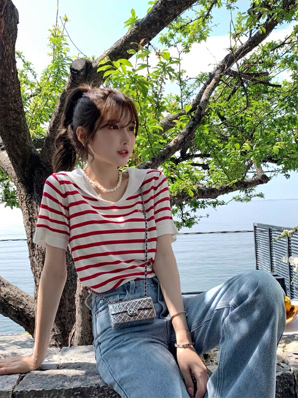 [Amanda] Navy collar college wind stripe casual sweater 5059# PCZ