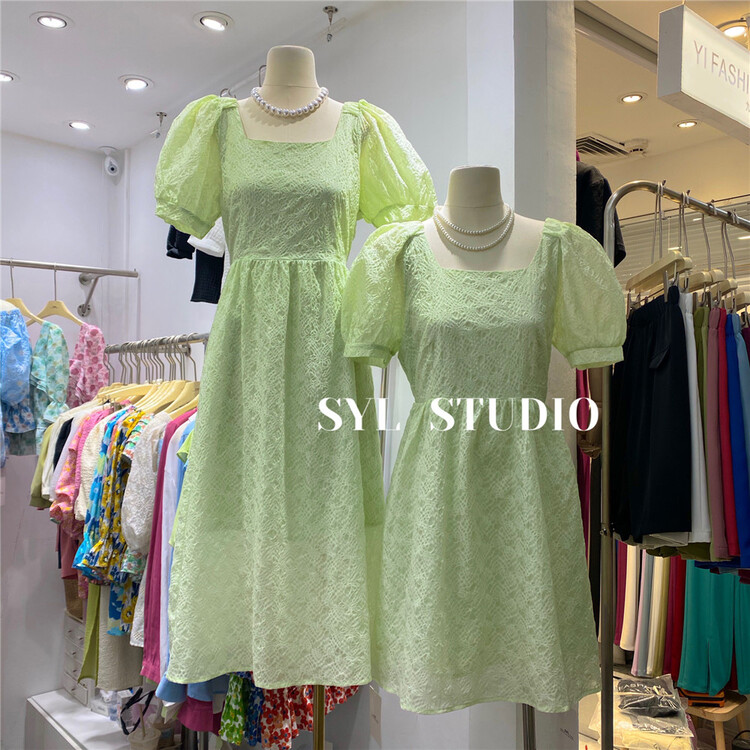 [SYL] square neck lady bubble sleeve dress 5196# L