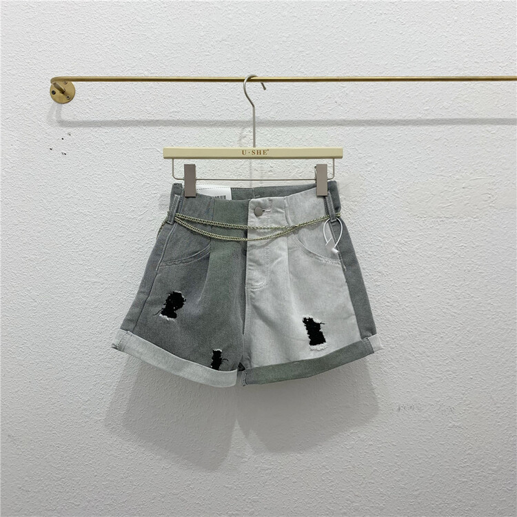 [u.she] niche design AB color denim shorts (with waist chain) 6760# cqw