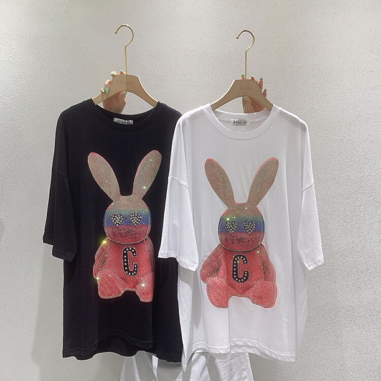 [Juju] Korean craft rabbit Beaded loose short sleeve T-shirt 90008# LSL