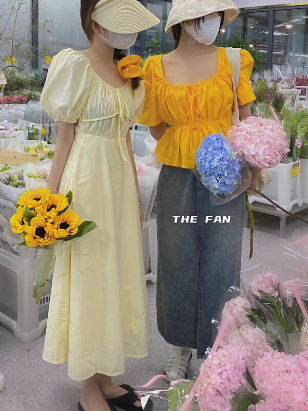 【THE FAN】韓系方領泡泡袖顯瘦連衣裙  96330#  PCZ