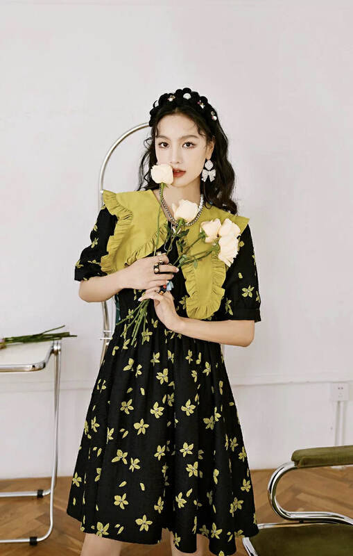 [AC] French patchwork contrast print slim dress 6907# JJ