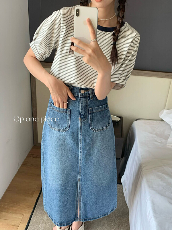[OP one piece] striped loose and versatile short sleeve T-shirt op60032# hjy