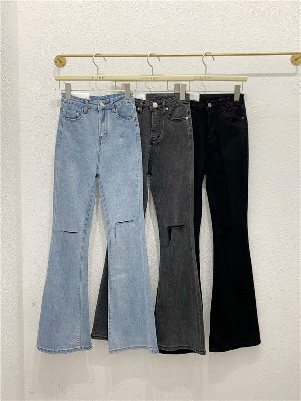 [u.she] Korean slim cut perforated flare jeans 32136# cqw