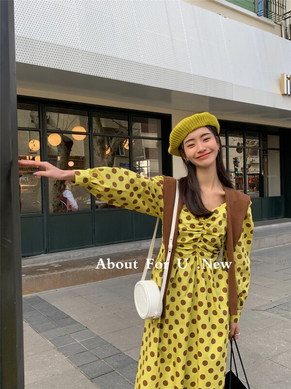 goods in stock! [about for u] Korean V-neck retro Polka Dot Dress (without shawl) ys2-66018# lwy