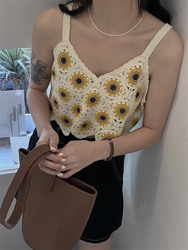 [f · P] V-neck sunflower hook short vest / sling c528# HBx