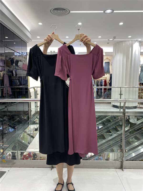 [gusA] French square neck back hollow waist closing dress 6123# WPL
