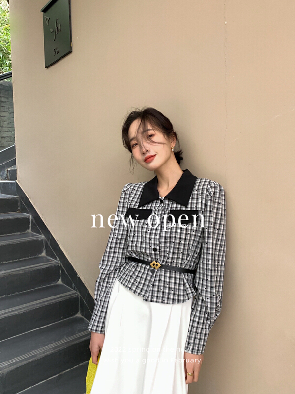 goods in stock! New year in early spring! [new open] Vintage Port style Plaid Korean versatile design shirt (without belt) ys1-xy22325# zxl