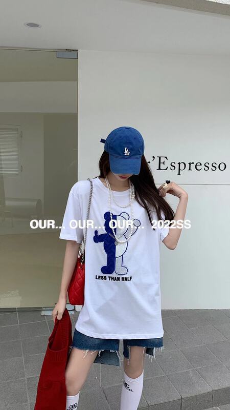 [our] Korean fashion paste cloth embroidered hot diamond necklace bear short sleeve T-shirt 8018# LSW