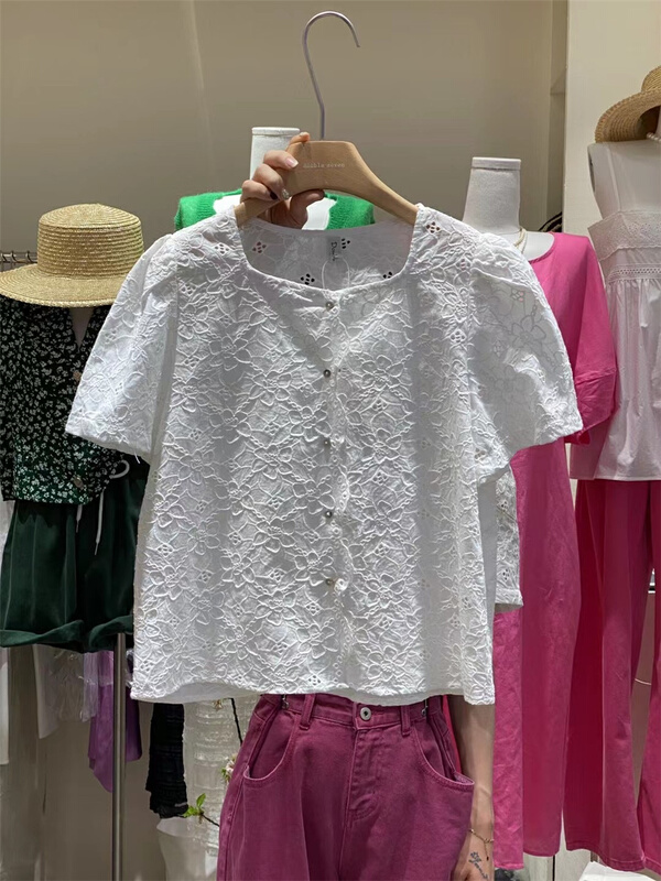 New in early summer! [double seven] square neck Versatile Single breasted blouse 28256-1# zxx