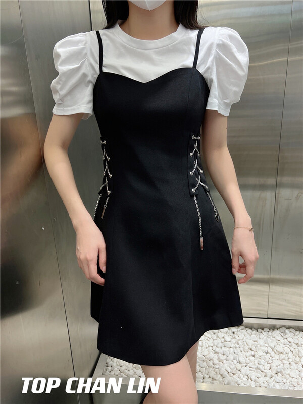 [top Chan Lin] Korean chain decorative suspender dress (excluding inner lap) 95161# cqw