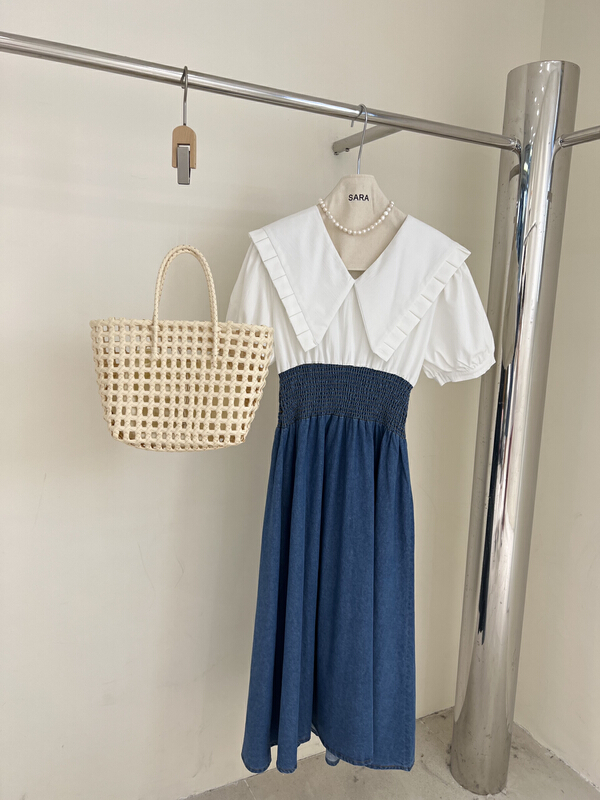 New in early summer! [Sara] Korean style large lapel, waist closed and thin denim dress 90032# lwy