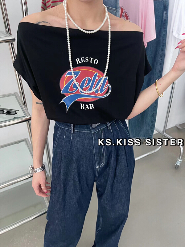 [KS] fashion straight neck irregular high waist loose short sleeve T-shirt 22158# ozq