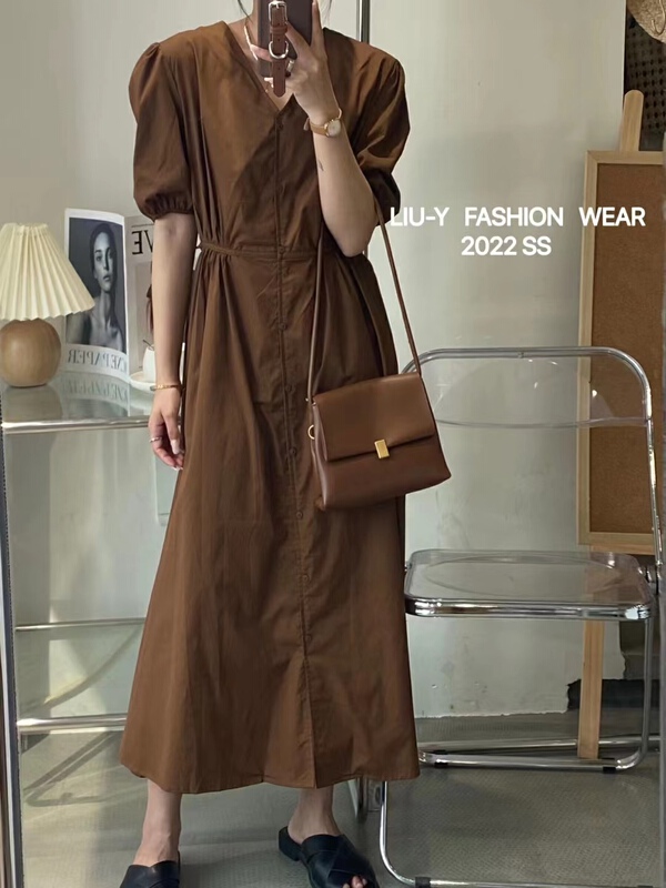 goods in stock! [Liu. Y] Korean V-neck solid dress 6156# ll