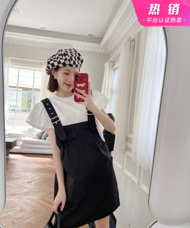 Original price: 77.83! [y.jia Yijia] bubble sleeve stitching top strap Pants Set 6801#
