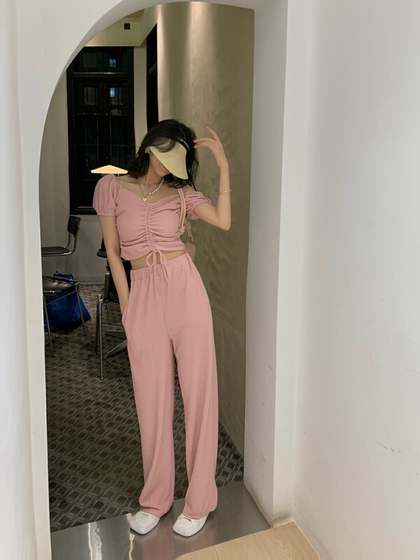 New in early summer! [x · h studio] one shoulder drawstring Top + straight tube floor mop Pants Set 2896# ozq