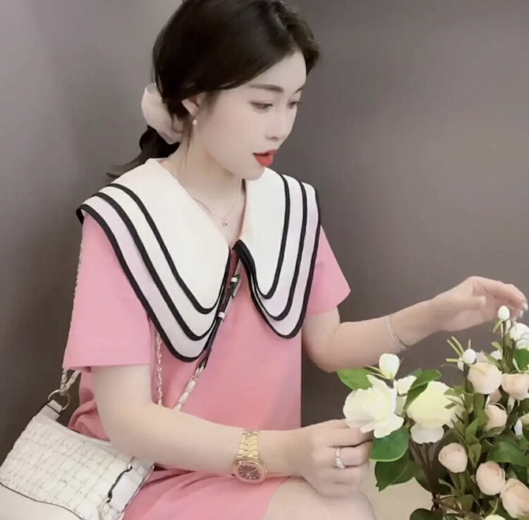 New in early summer! [ou zhengsha] Korean doll neck short sleeve dress 18718# JJ
