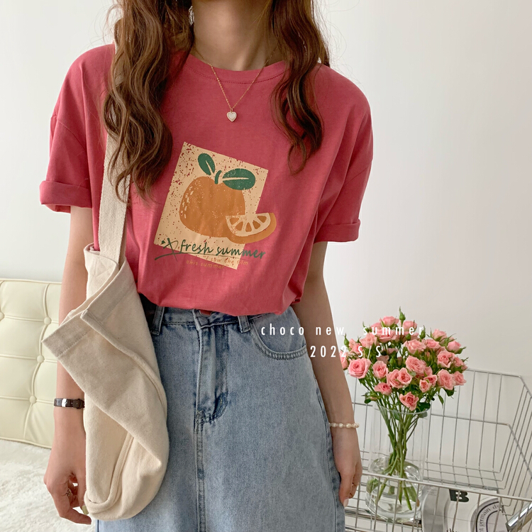 New in early summer! [choco] small fresh orange printed short sleeve T-shirt 8238# HBx