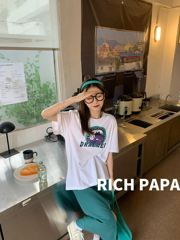New in early summer! [rich Papa] American retro print round neck short sleeve T-shirt t223# zxx