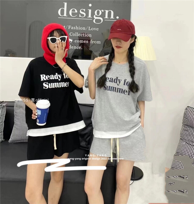 [Yang-Yang] letter fake two short sleeve T-shirts + loose casual Shorts Set c6188# CLS