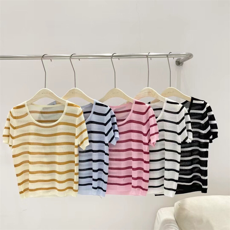 [dvz] Korean color contrast stripe short sleeve T-shirt ys1-5116# zxx