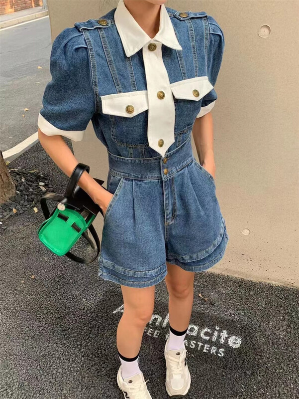 [lucky. Bibi] Korean splicing design short top + Wide Leg Denim Shorts two piece suit 970# cqw