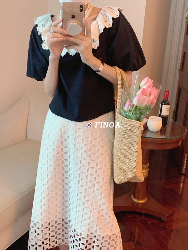 [finoa] Korean versatile lace bubble sleeve short blouse 10506# CLS