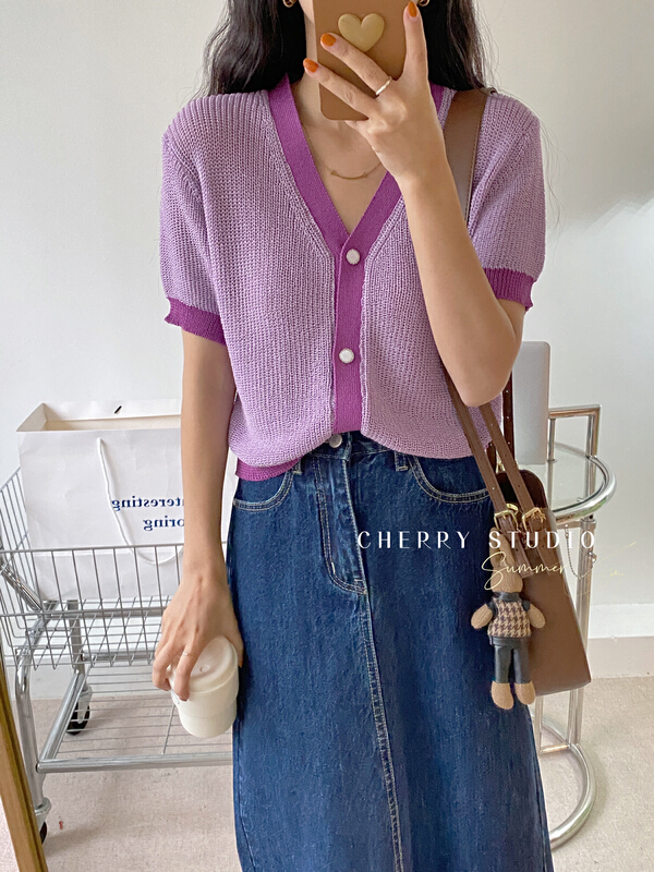 [cherry studio] Korean contrast V-neck short sleeve T-shirt 5213# HBx