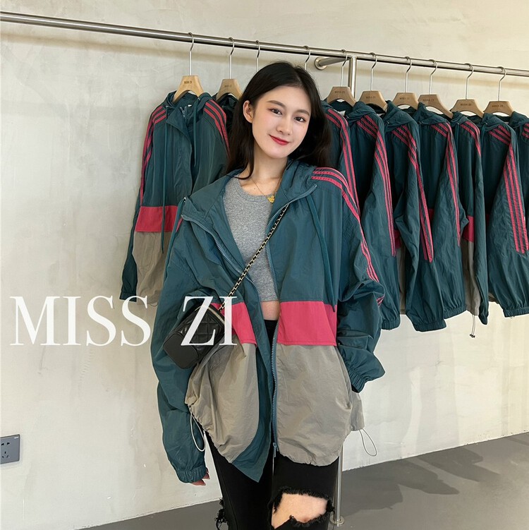 [miss Zi] personalized color blocking loose hooded zipper sunscreen shirt 2380# cqw