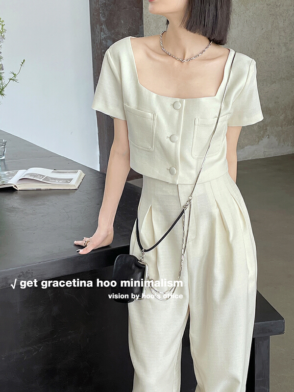 【GRACETINA HOO】小香風舒適單排扣短外套+百搭休閒褲套裝  TZ2136#  ZXL