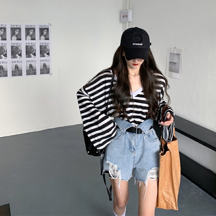 [c.h.z] simple style, loose and thin, side split V-neck sunscreen shirt a6829# WTT