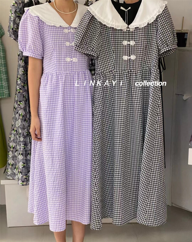 New in early summer! [linkayi] Korean version of Chinese knot Plaid high waist dress 30085# hjy
