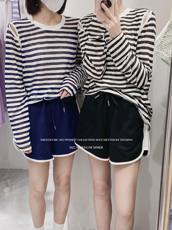 [teem ing] foreign stripe long sleeve T-shirt + comfortable casual Shorts Set 22t220# hjy