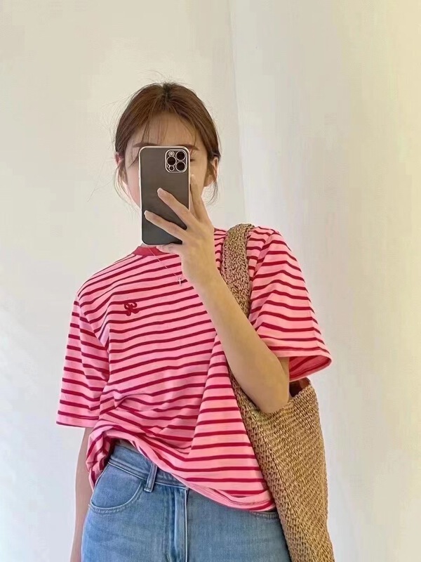 [Mao Mao] crew neck casual stripe embroidered short sleeve T-shirt 8080# ll