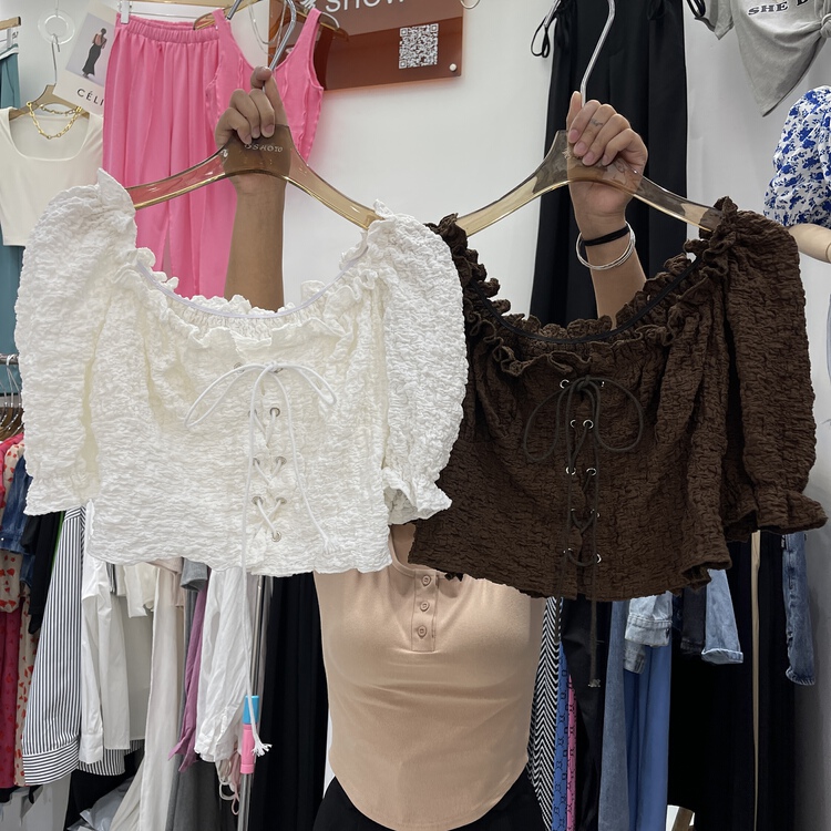 Summer new [show] textured fabric drawstring short blouse 88267# ozq