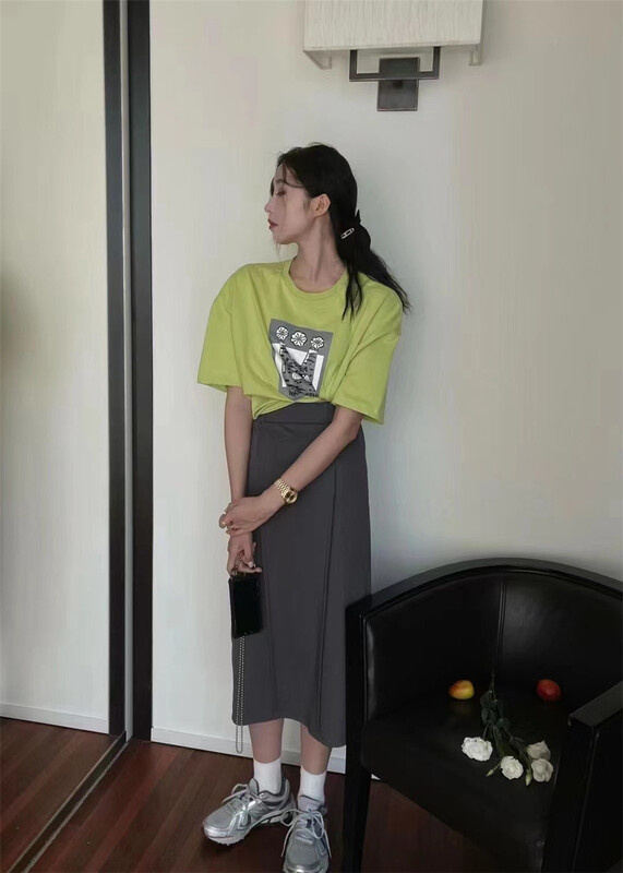 [OA] Korean loose print short sleeve + Korean slim solid color skirt suit 1276# XYY