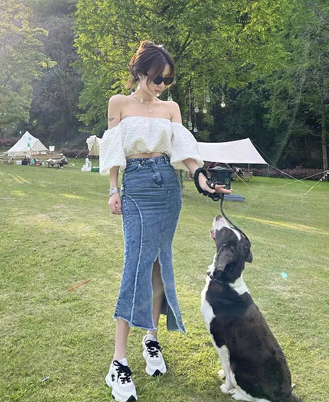 [y.jia EJA] gentle hot girl's one shoulder blouse + elastic woolen split denim skirt set ys1-1065# PCZ