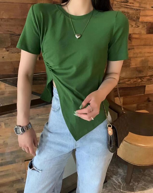 New in early summer! [Yuanxi] Korean version slit twill pleated short sleeve T-shirt 20223027# LSL