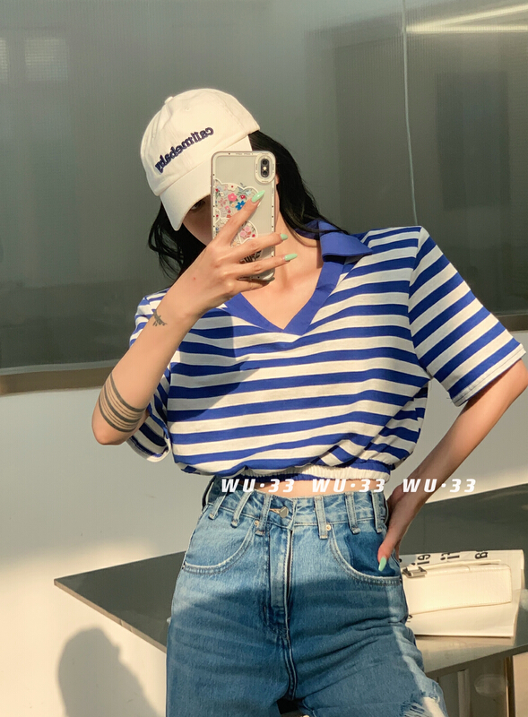[Wu. 33] casual polo collar short stripe bottomed shirt 22268# WTT