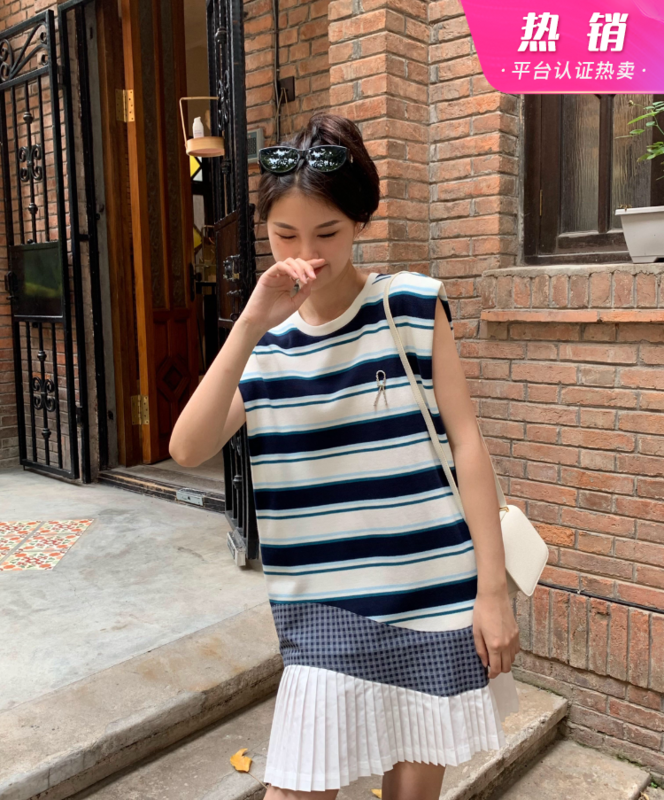 [neihe] striped vest stitched Pleated Dress 22296# zxx