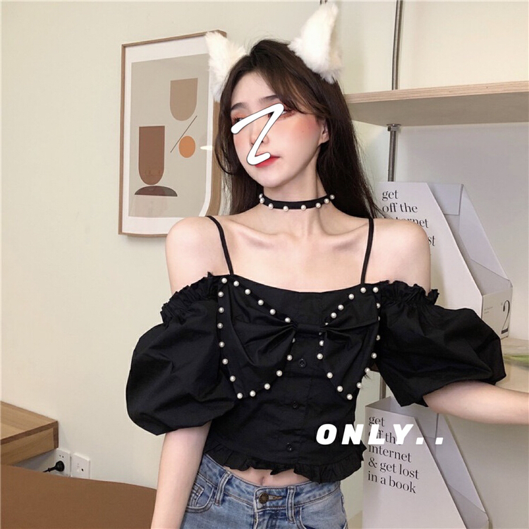 New in early summer! [only] one shoulder sling pearl bow blouse (with detachable BIB) 1858# JJ