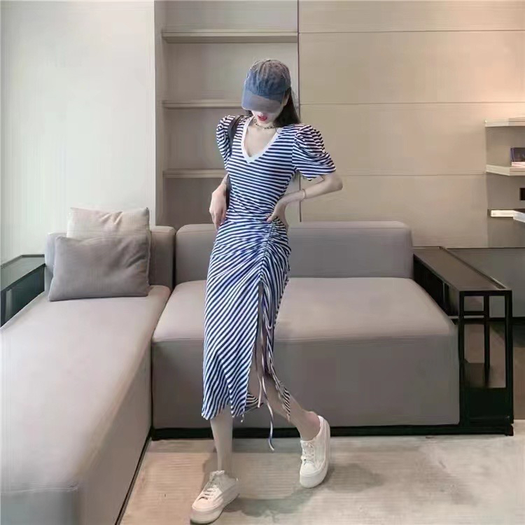 New in early summer! [RM. HH] Korean V-neck stripe slim dress 8075# PCZ