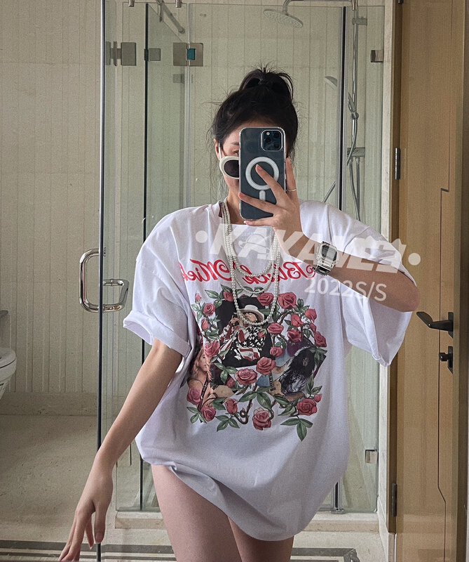 [Shanzhu] Korean round neck retro wash cotton front and back rose printed short sleeve T-shirt 251# XYY