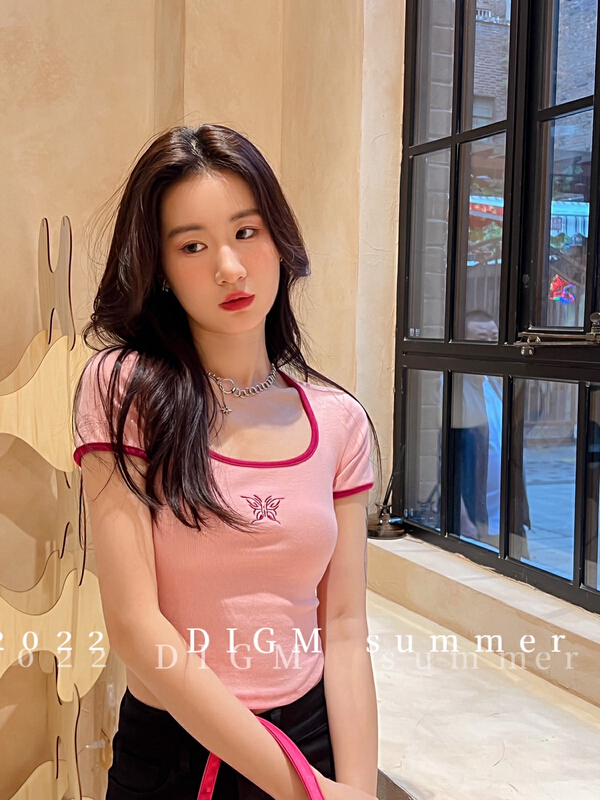 New in early summer! [digm] spice girl pure desire for style, slim fit, contrast color short sleeved shirt 5715# zxx