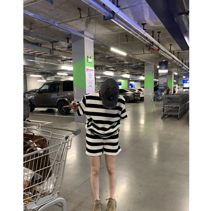[by] personalized stripe short sleeve T-shirt + casual shorts two piece suit 5999# Cl